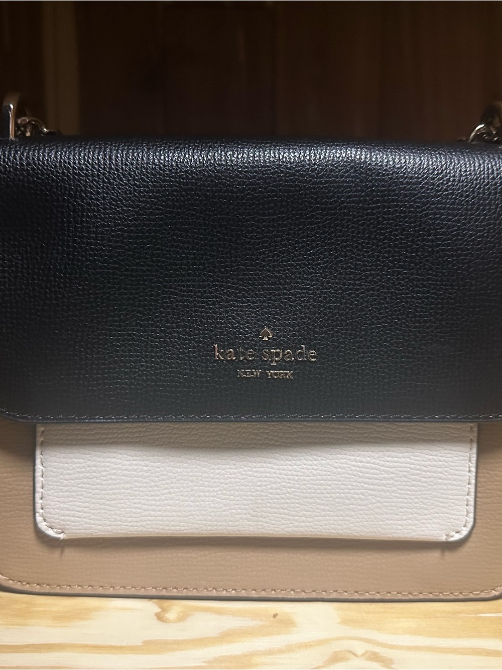 kate spade Tri-Color Leather Crossbody in Black, White, Tan